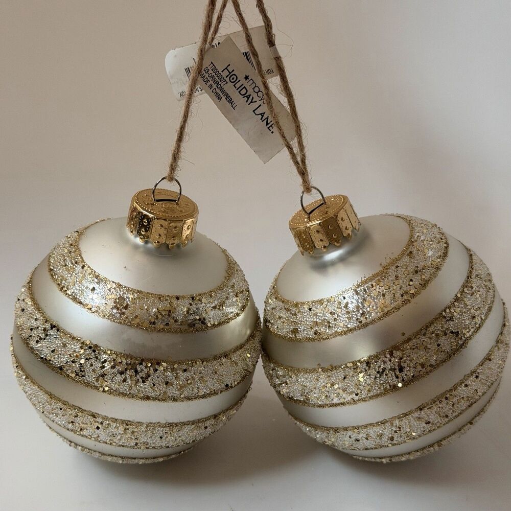 Macy’s Holiday Lane Glass Christmas Ornaments Set of 2 Gold Glitter Swirl